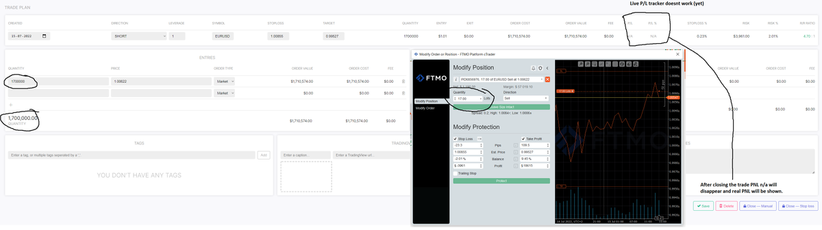For everyone who want to use <a href="/TradeTrackerApp/">TradeTracker.app</a> for Forex. If you trade your own base currency, meaning your balance is valued in USD and trade for example EURUSD, it works like this.

1 Lot is 100k usd. I'm 17 lots short so i just type in 17.000.000 as position size.

#Forex