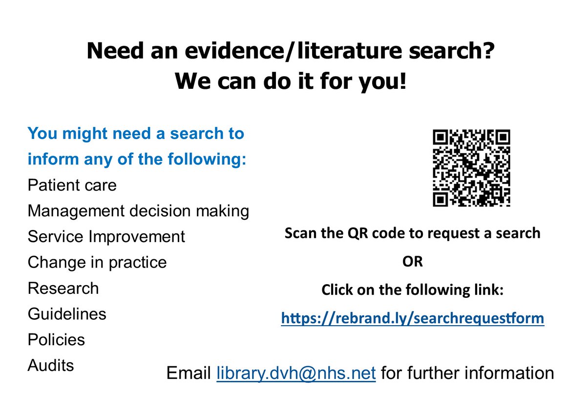 Do you need to find the evidence to support your work but not sure where to start? We can look for you!

Request a search by scanning the QR code below, fill out our online form or send an email request to library.dvh@nhs.net