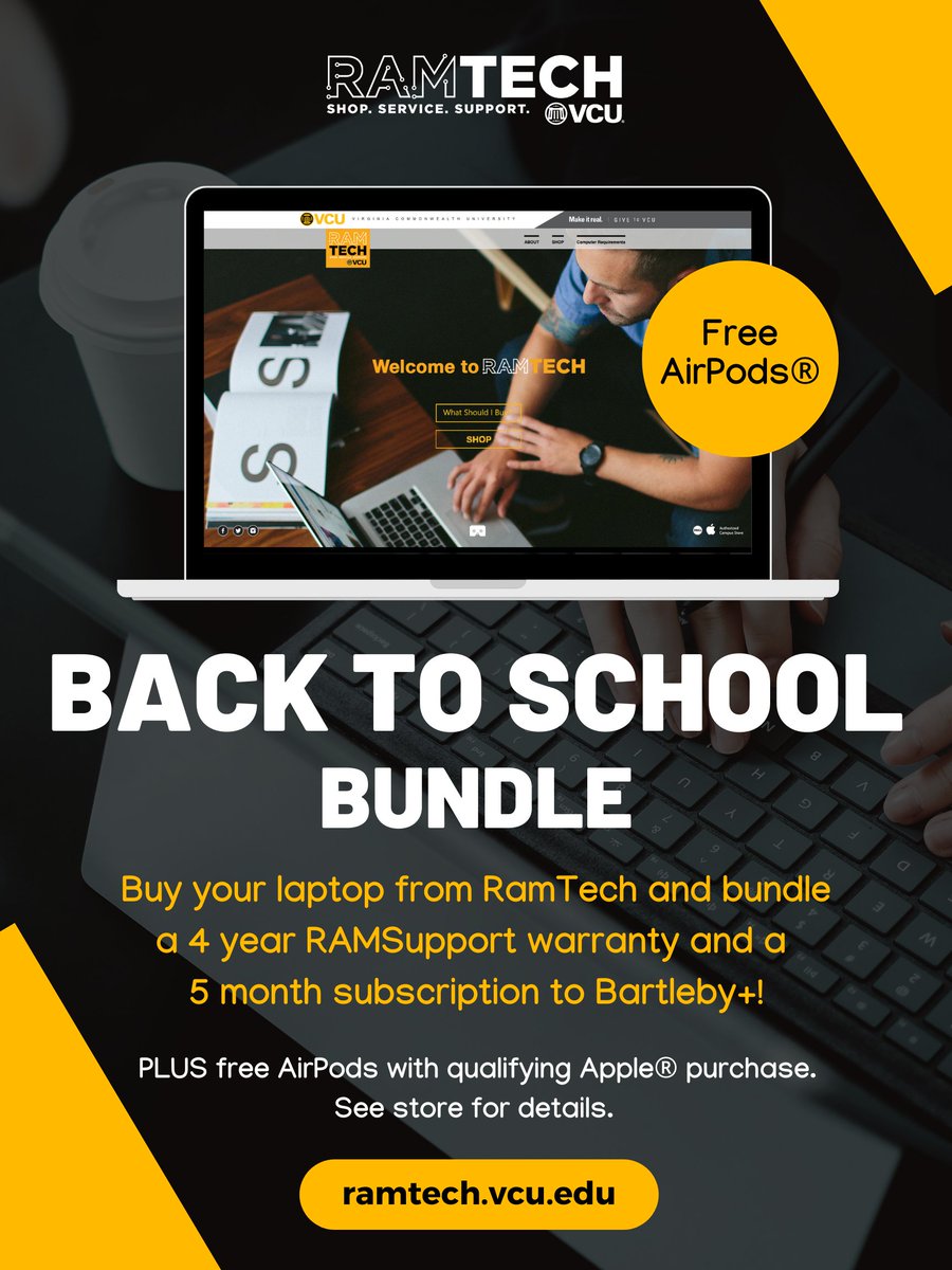 Buying a laptop for the new school year? 💻Bundle it with 4 years of RAMSupport and a 5-month subscription to Barleby+! 👉Shop online or in-store #VCU #VCURams #VCUTechnology #VCU2026 #VCU26 #Apple #Dell