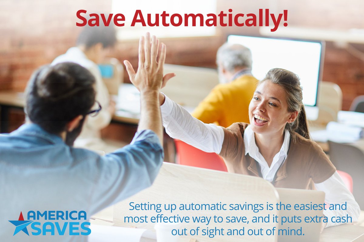 AmericaSaves's tweet photo. Setting up automatic savings is the easiest and most effective way to save. It puts extra cash out of sight and out of mind! If you want to save automatically, we suggest one of these three strategies... 

➡️ https://t.co/QqoIvNn2lj https://t.co/fmdlQ2Ohvv