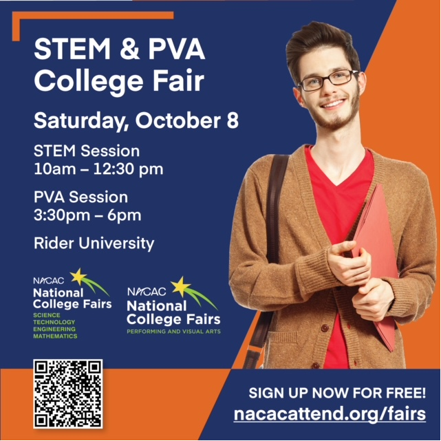 We're excited to share that one of NACAC's in-person fairs will be held this Fall at Rider University! Students and Exhibitors can register today. Anyone wishing to volunteer for the event can reach out to Susan Makowski &amp; Dana Lambert at nationalcollegefairs@njacac.org