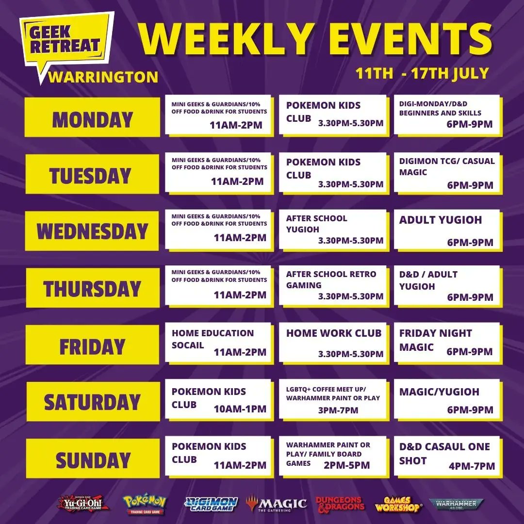 GeekyJossh's tweet photo. Hi everyone at @GeekWarrington  has #homeeducationsocial at 11:00am till 14:00pm 
 #homeworkclub at 15:30pm till 17:30
 #fridaynightmagic at 16:00pm till 19:00pm
Come and Join In and have some Fun #geekretreat #geekretreatwarington #homeeducationsocial #homeworkclub https://t.co/8xPEzPy5NH