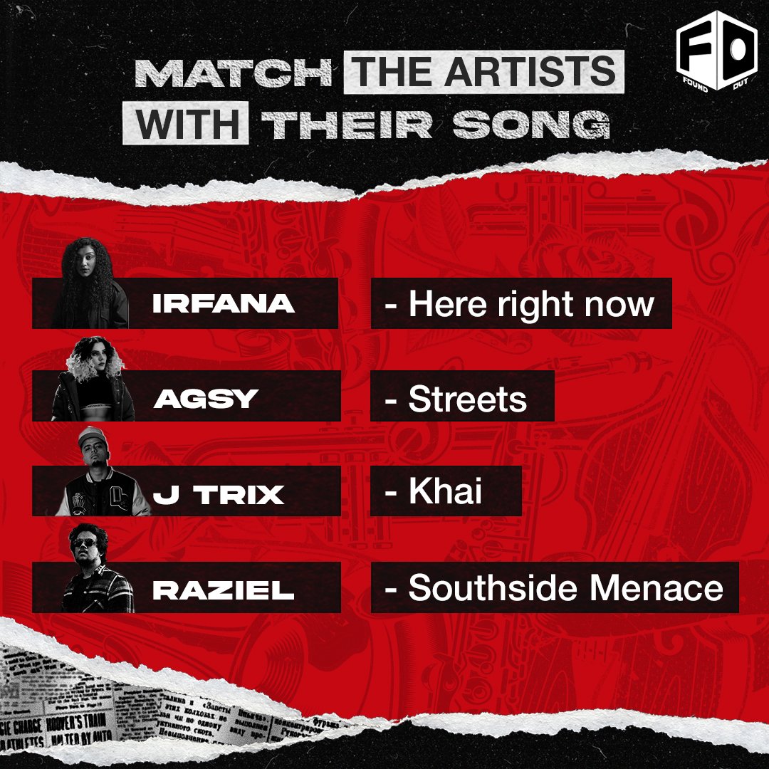 foundoutin's tweet photo. Let's see how many you got right. Bonus points if you match them all😛
#FoundOut #Irfana #Agsy #Jtrix #Raziel #FoundOutRecords #Hiphop #Rap #HindiRap #IndianHiphop #HiphopIndia #RapMusic #Rappers #DesiRap #DesiHipHop #Trappers https://t.co/70ycOIxkRg