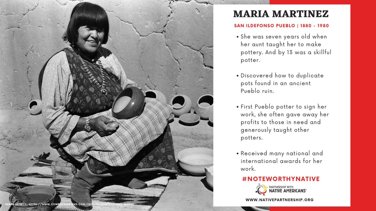 PWNA4hope's tweet photo. Maria Martinez is one of the most famous potters of the 20th century. She was one of the first #Pueblo potters to sign her work and received many national and international awards for her pieces. Learn more about this #NoteworthyNative here: https://t.co/jpU6du4U4t https://t.co/1l6HmqwsZt