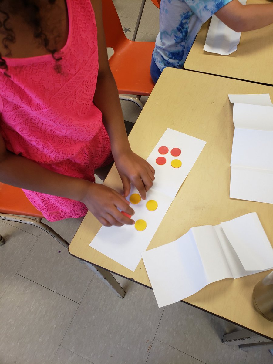 MrsRellinger's tweet photo. Exploring fractions and fair shares with #paperfolding and #counters as math tools. How do you share 10 with 4 ppl? S:"Each person would get 2 wholes and one half." @MrsCunningham17 @DucPetra #SummerBoost2022 https://t.co/c9eqBDhyZF