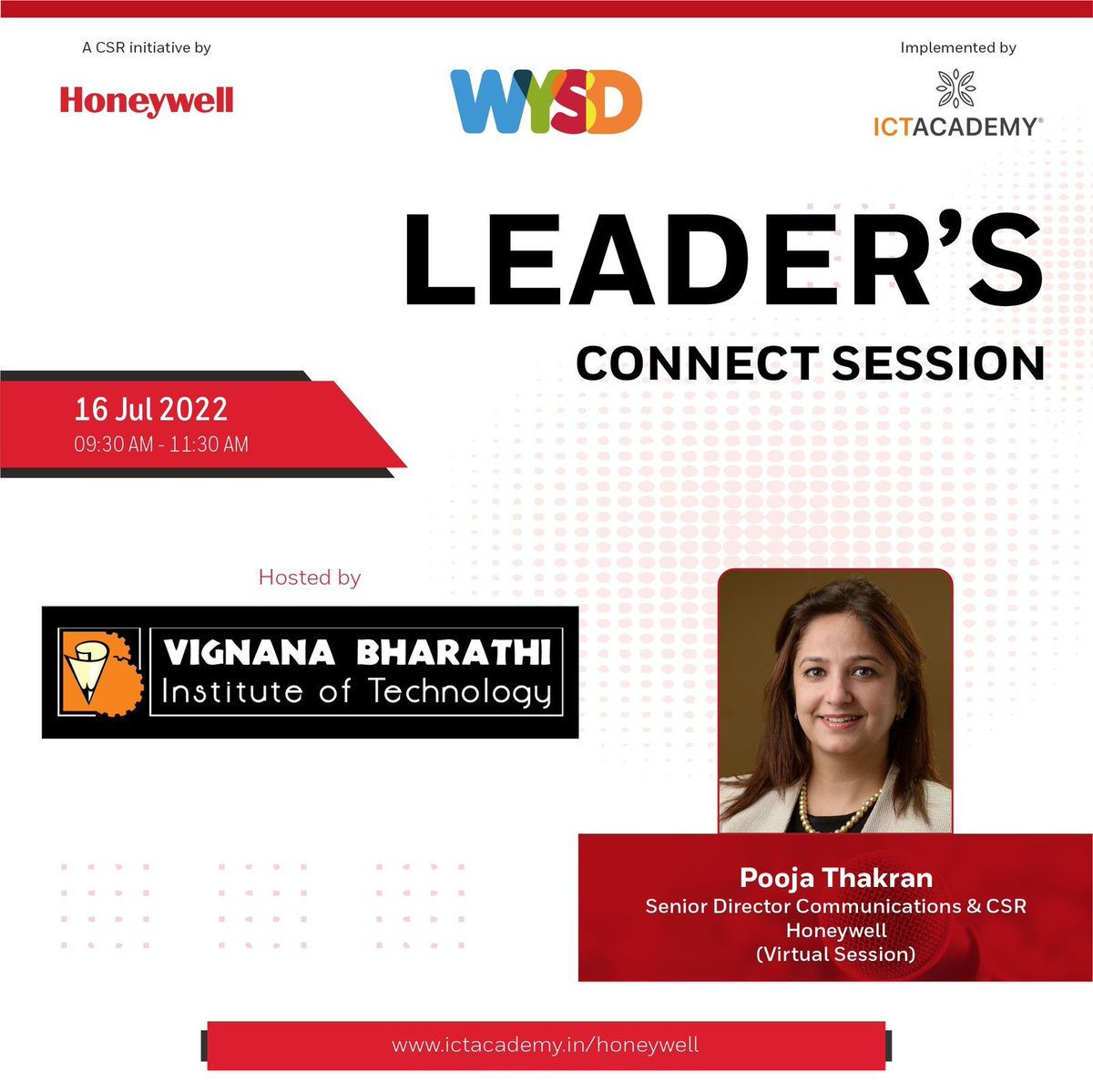 VBITHYD's tweet photo. VBIT in association with WYSD, Honeywell & ICT Academy is hosting a Leader's Connect Session (Virtual) on 16th July 2022. The event will be addressed by Pooja Thakran
Visit us: https://t.co/FCg3n6nAQD
#VBIT #WYSD #Honeywell #ICTAcademy #ConnectSession #Connect #Session #CSR https://t.co/f5dULTgaeQ