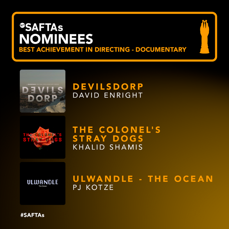 SAFTAs_1's tweet photo. What an achievement! We’re absolutely thrilled to announce the nominees in the Best Directing: Documentary Feature/Short doccie/Made for TV Doccie category!
@Devilsdorp - Idea Candy
#TheColonelsStrayDogs - Big World Cinema
#Ulwandle - The Ocean - Bonanza Films
#SAFTAs16 https://t.co/B7Ru1zoib8