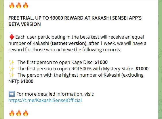 The event time will be from 17:00 UTC July 15 to 23:59 UTC July 19, 2022.

Are you ready for it? 🔥🔥🍃

#KakashiSensei #KakashiApp #Testnetversion