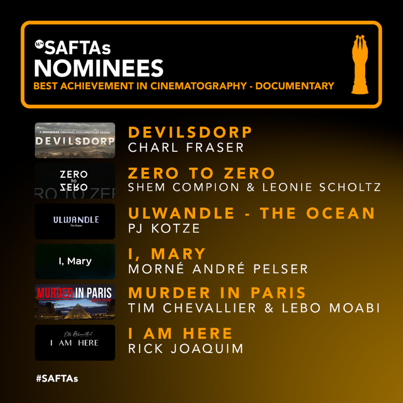 SAFTAs_1's tweet photo. @devilsdorp These are the nominees for the Best Cinematography: Documentary! #SAFTAs16 

@Devilsdorp
#ZeroToZero
#Ulwandle - The Ocean
#IMary
#MurderInParis
#IAmHere

Congrats to all our nominees! https://t.co/vzzoRNwmtK