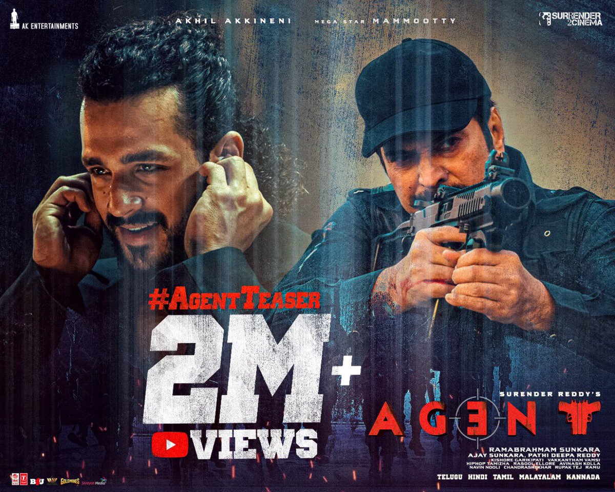 TollyHora's tweet photo. The WILD ONE begins his HUNT on Youtube😎

𝟐 𝐌𝐈𝐋𝐋𝐈𝐎𝐍+ 𝐑𝐄𝐀𝐋 𝐓𝐈𝐌𝐄 𝐕𝐈𝐄𝐖𝐒 for #AgentTeaser🔥
- https://t.co/lXNvUTtI4S

#AGENT ⚡️

@AkhilAkkineni8 @mammukka @DirSurender @sakshivaidya99 @hiphoptamizha @AnilSunkara1 @AKentsOfficial @S2C_Offl @LahariMusic https://t.co/tStexHr13f