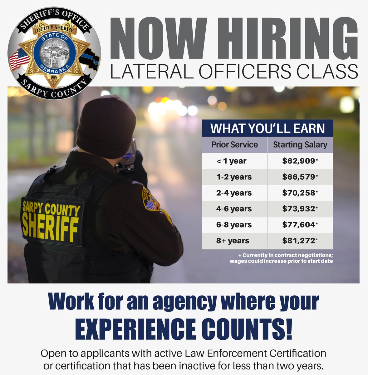 Work for an agency where your experience counts! Apply today to join our Lateral Officers Class: sheriff.sarpy.gov/875/Lateral-Hi… 

Open to applicants with active Law Enforcement Certification or certification that has been inactive for less than 2 years. Applications accepted July 15-29.