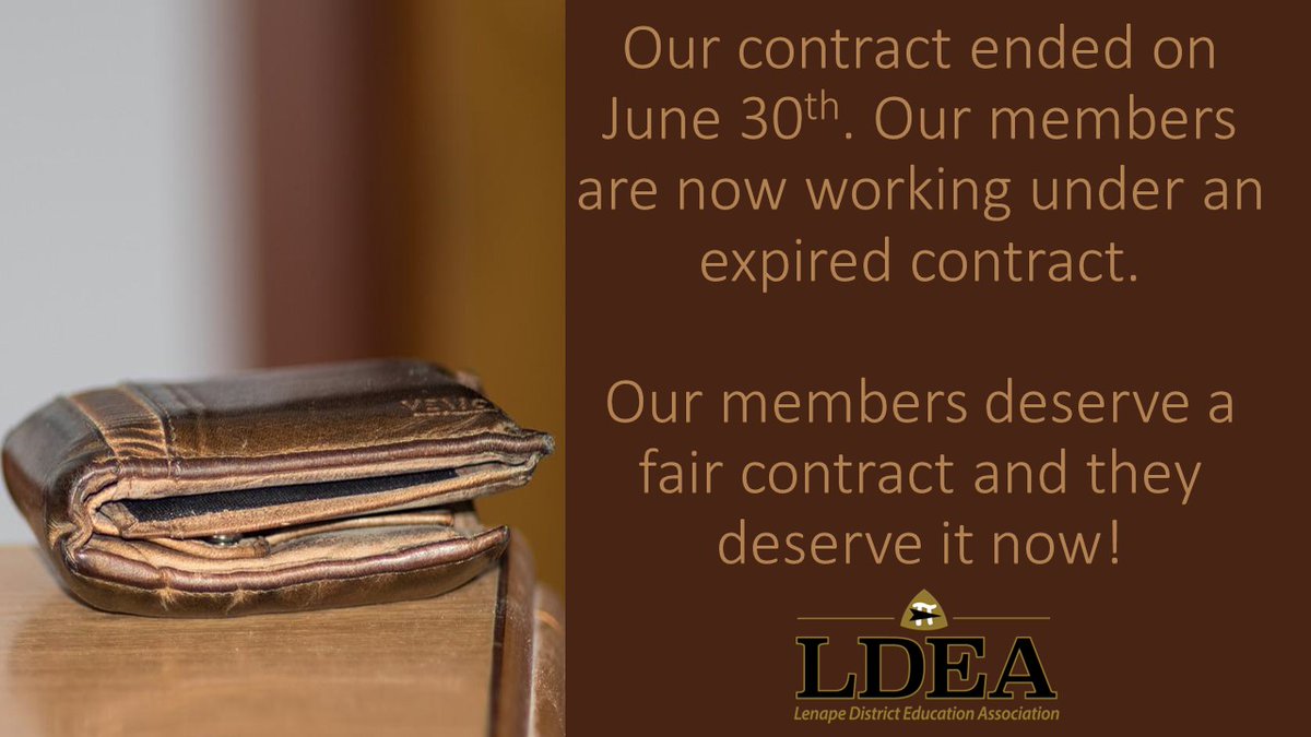 LDEA_NJ's tweet photo. Our contract ended on June 30th.  We are working under an expired contract. Our members deserve a fair contract. Our members deserve that contract now. So do all other educators who do not have a contract! @LenapePride @ShawneeHSNJ @Cherokee_HS @SenecaFamily @BurlCountyEA @NJEA https://t.co/LBLiNaNTVf