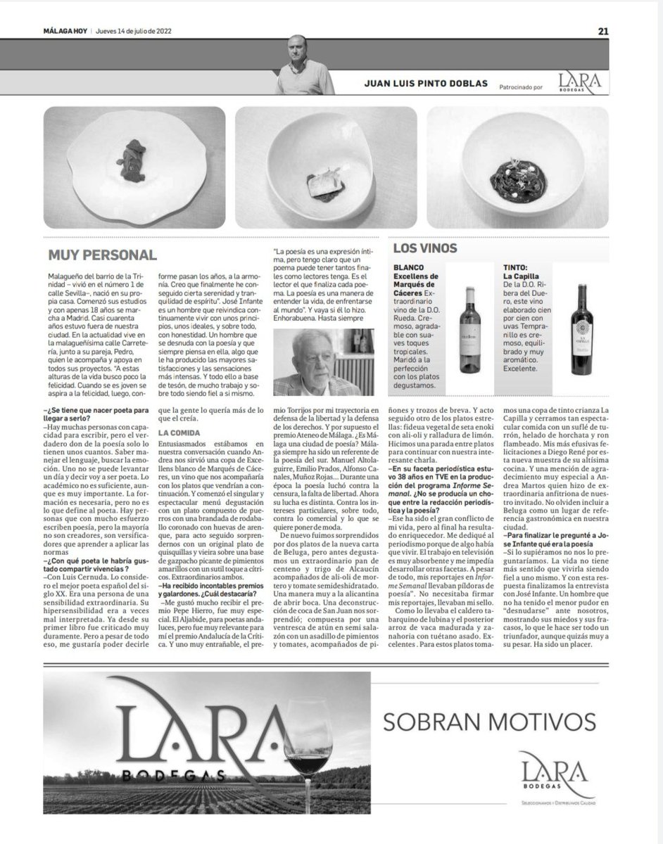 Bodegas Lara (@bodegaslara) on Twitter photo Última entrevista de la temporada de PERSONAJES CON SABOR <a href="/malagahoy_es/">Málaga Hoy</a> en esta ocasión con el poeta Pepe Infante en restaurante Beluga.
Con la recomendación de los vinos blanco Excellens de @Marques_Caceres y tinto La Capilla.
#bodegaslara #beluga #pepeinfante Última entrevista de la temporada de PERSONAJES CON SABOR <a href="/malagahoy_es/">Málaga Hoy</a> en esta ocasión con el poeta Pepe Infante en restaurante Beluga.
Con la recomendación de los vinos blanco Excellens de @Marques_Caceres y tinto La Capilla.
#bodegaslara #beluga #pepeinfante