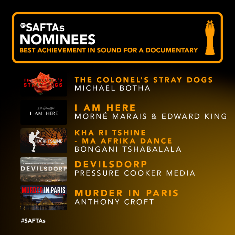 SAFTAs_1's tweet photo. A nomination is an honor enough, so we congratulate these #nominees in the Best Achievement in Sound: Documentary Feature/Short Doccie/Made for TV Doccie category!
#TheColonelsStrayDogs
#IAmHere
#KhaRiTshine-Ma Afrika Dance
#IMary
@Devilsdorp
#MurderInParis
#SAFTAs16 https://t.co/qeXozbqyJX