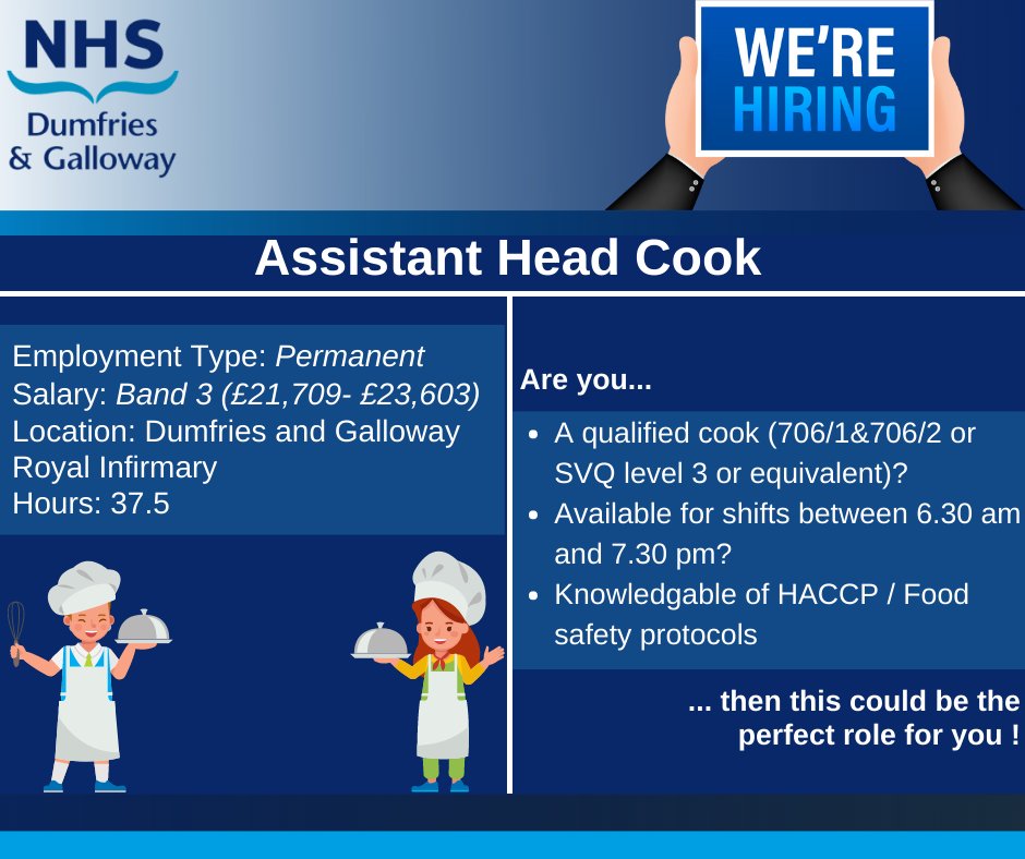 DGNHS's tweet image. Bon-appetite! We're hiring an Assistant Head Cook 🍽 
Follow the link below to apply👇
🔗apply.jobs.scot.nhs.uk/internal/displ…

#cook #cookingjob #chef #nhscook #vacancy #dumfries