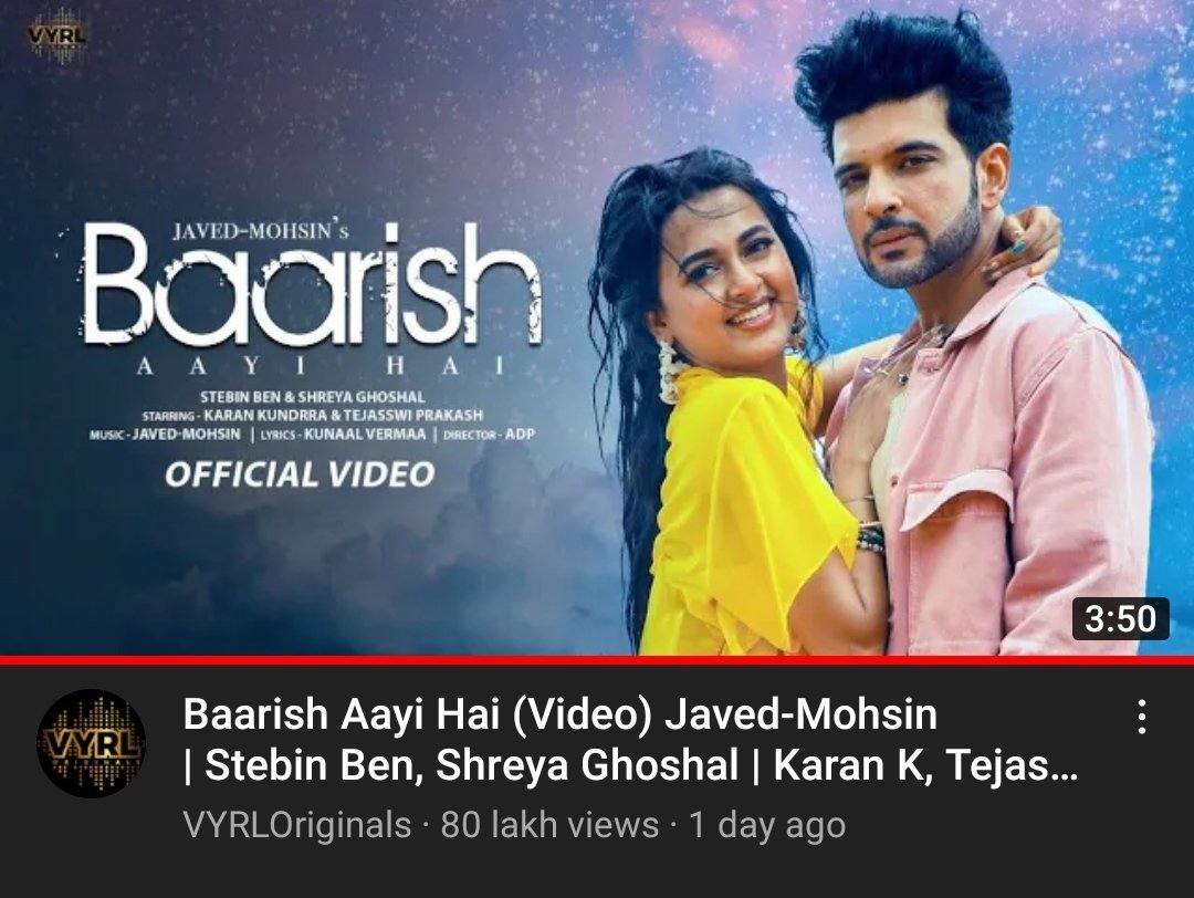 KoushaniChakra5's tweet photo. Streaming successfully with already 8M views! Whoaaa🥂
#TejasswiPrakash #KaranKundrra #BaarishAayiHai #StebinBen #ShreyaGhoshal

Keep streaming guys, let's make it huge! 

@VYRLOriginals https://t.co/TijlN4MLNZ