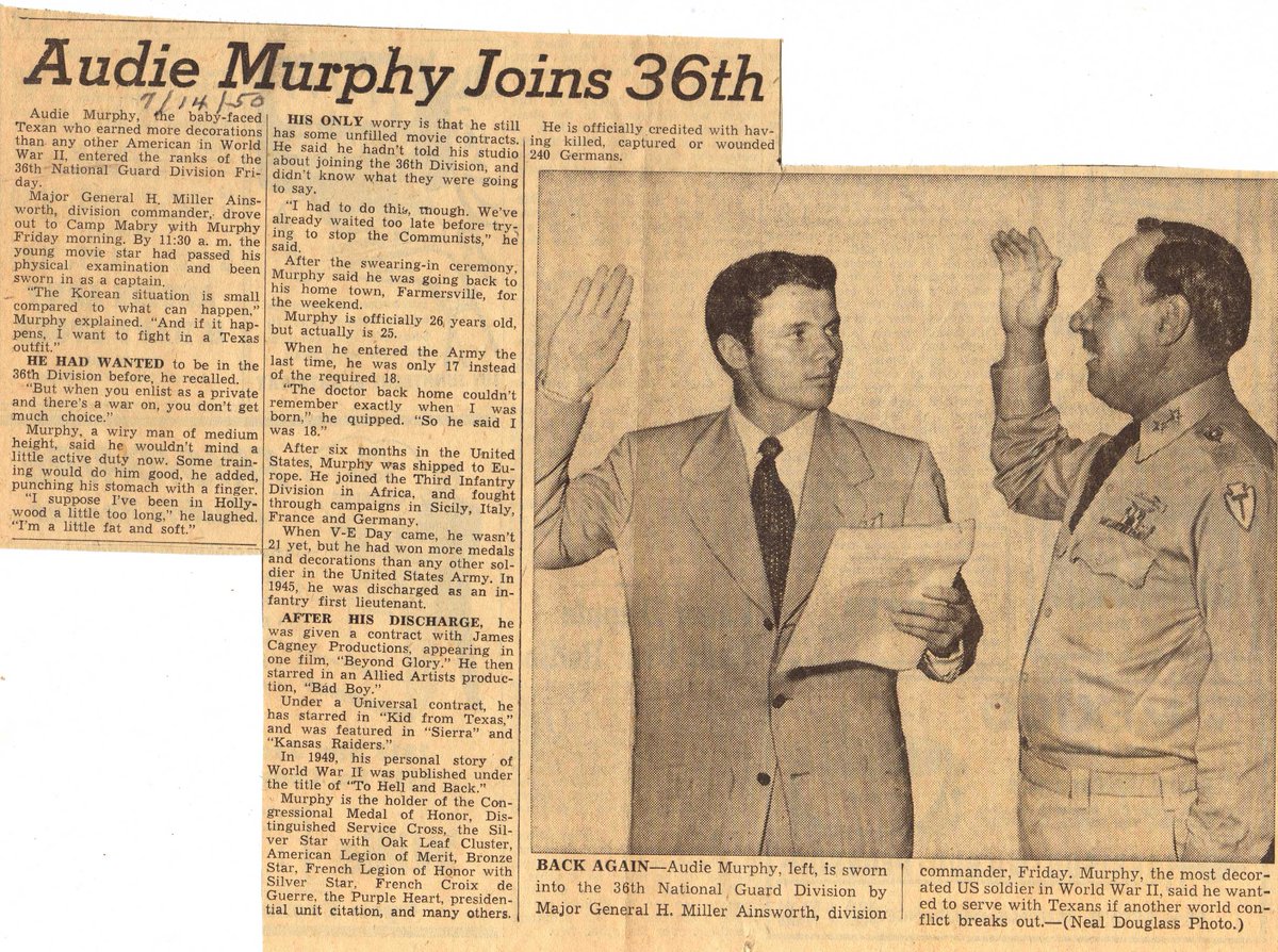 TXMilitary's tweet photo. On this day, back in 7/14/1950, Audi Murphy joined the 36th Infantry Division, that's 72 years ago!! Don't fret, you are not that old, next week celebrates the 105th birthday of the 36th Infantry Division. #36id #AudieMurphy #Hooah #TMD #TXNG #ThrowbackWayBack https://t.co/O99L57j29R