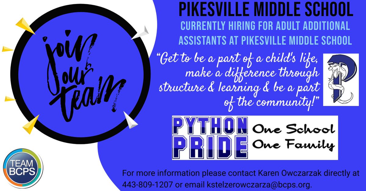 PikesvilleM's tweet photo. Come join our team as an Additional Adult Assistant!💙 https://t.co/3AhnY6t3ND