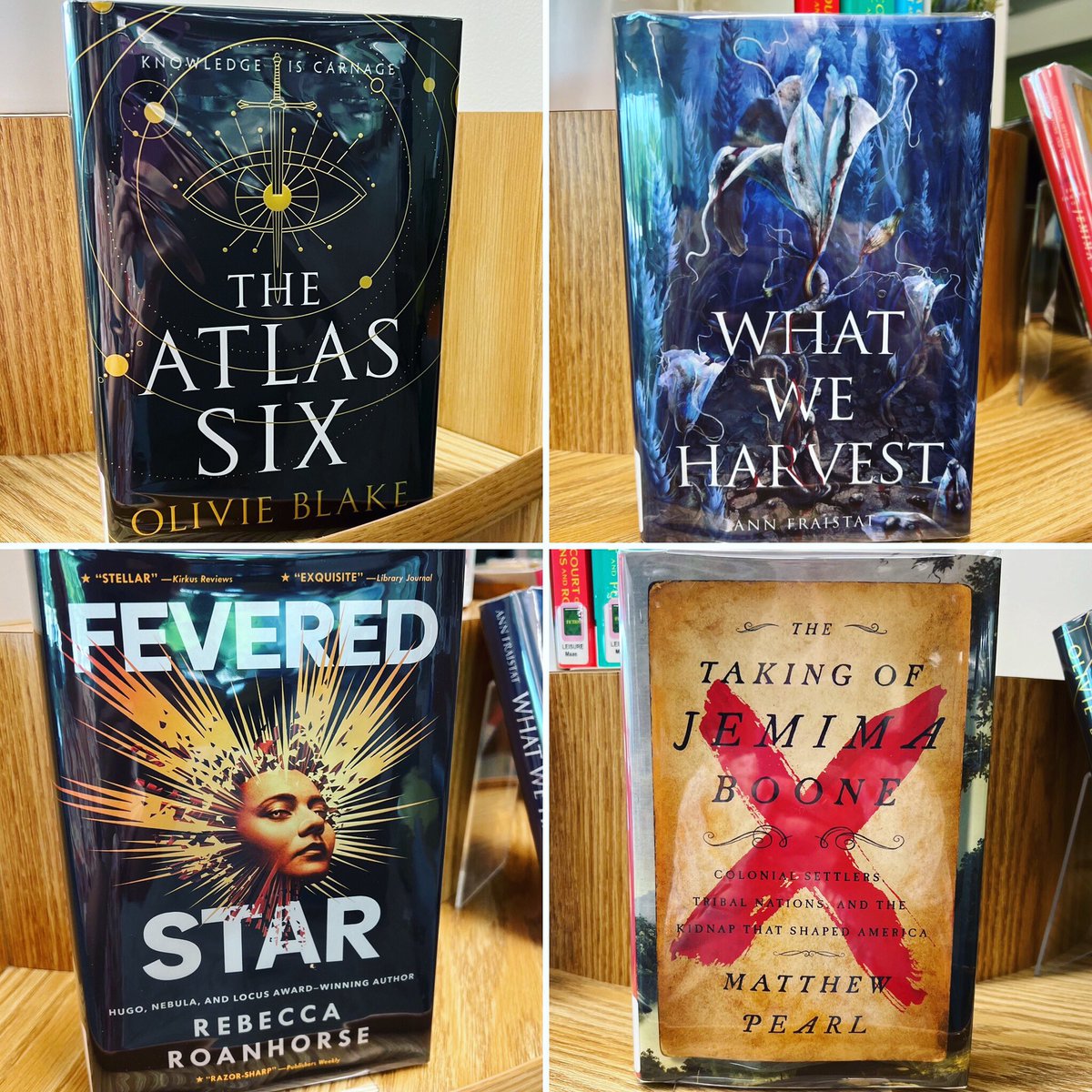 🚨 #FreshReadsFriday🚨 
New books are in the lib 🎉 

Book 1: The Atlas Six by @OlivieBlake 

Book 2: What We Harvest by @annfrai 

Book 3: Fevered Star by @RoanhorseBex 

Book 4: The Taking of Jemima Boone by @MatthewPearl 

#FalconsAtTheLib  #LibrariesAreForEveryone