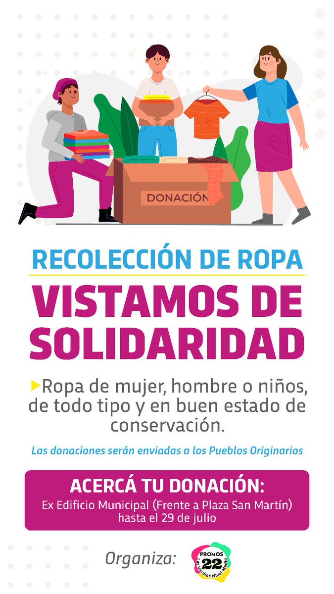 munilasvarillas's tweet photo. Hasta el 29 de julio, acompañamos a la #Promo22 en la colecta solidaria de ropa para enviar a los #PueblosOriginarios 
.
Acerca tu donación al ex edificio municipal, de lunes a viernes de 07:30 a 12:30 hs. https://t.co/ttoQqqu0t1