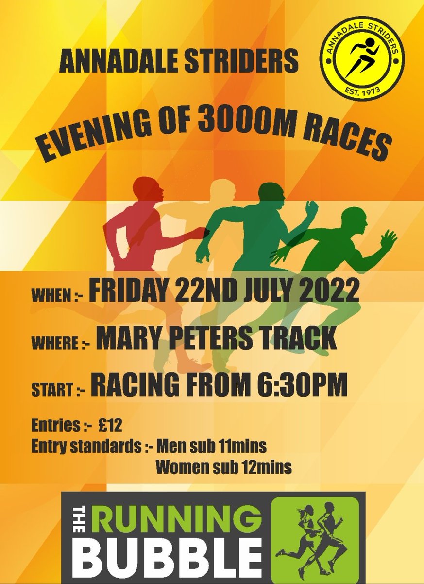AStriders's tweet photo. 📣📣Reminder 📣📣
Entries close for our Evening of 3000m Races on Sunday night.
A great opportunity to run a 3000m track PB. 
Also we have two great sponsors for the event. 

The Running Bubble

Guinness 

https://t.co/yTTdBZNFih https://t.co/8jNP3DtH7s