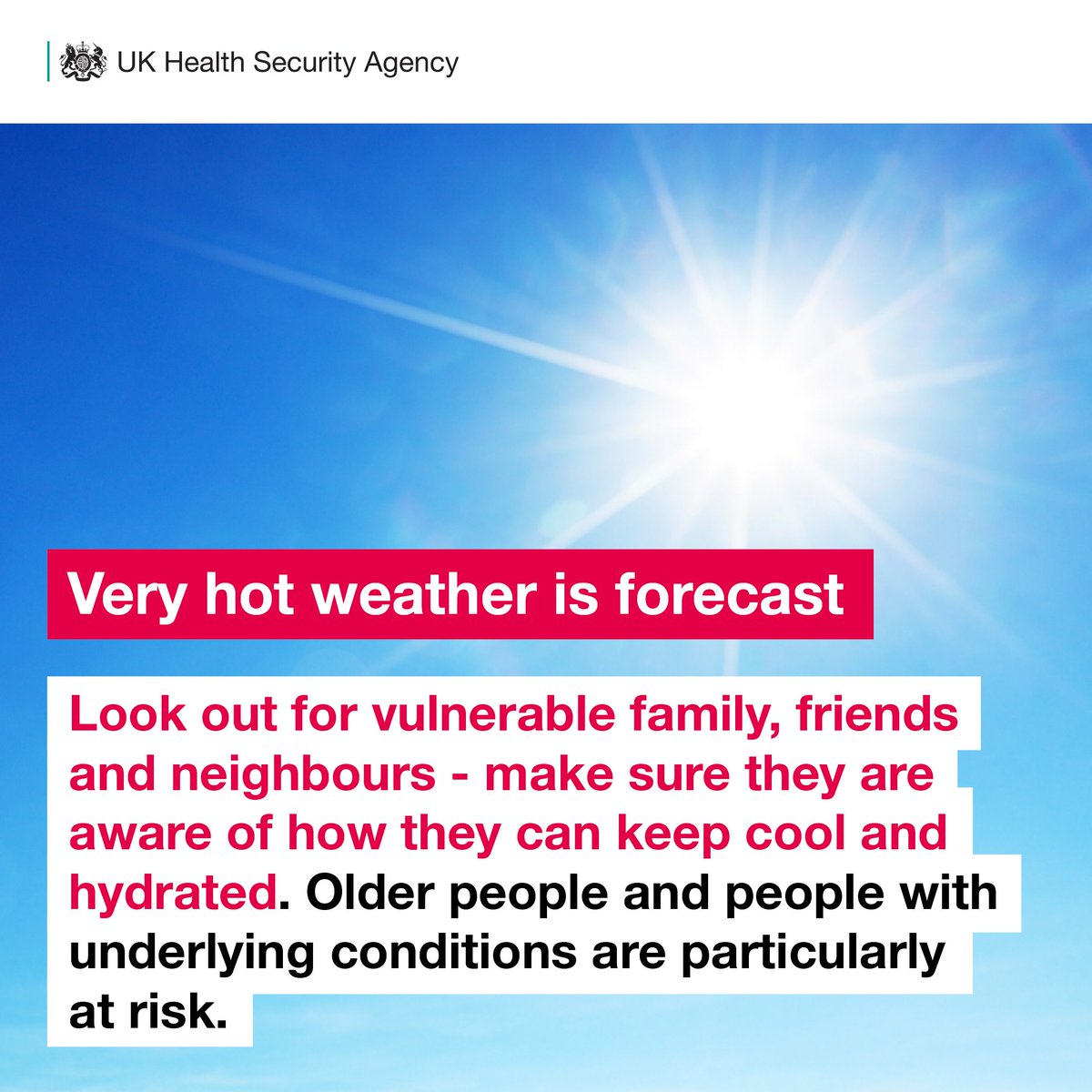 UKHSA's tweet photo. Very hot weather is forecast.

Our blog looks at staying safe in extreme heat and covers
☀️ Looking out for those who are vulnerable
☀️ Ways to stay cool and keep safe
☀️ Heat exhaustion
☀️ Heatstroke

Read it here https://t.co/oL5D1ZFxhx 

#WeatherAware https://t.co/wf3MivUaLR