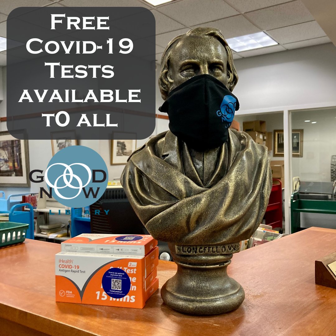 Pick up free Covid-19 tests from the Goodnow Library circulation desk or reference desk, until supplies last. You do not need to have a library card or be a Sudbury resident. Thank you to the Sudbury Board of Health for these free tests!