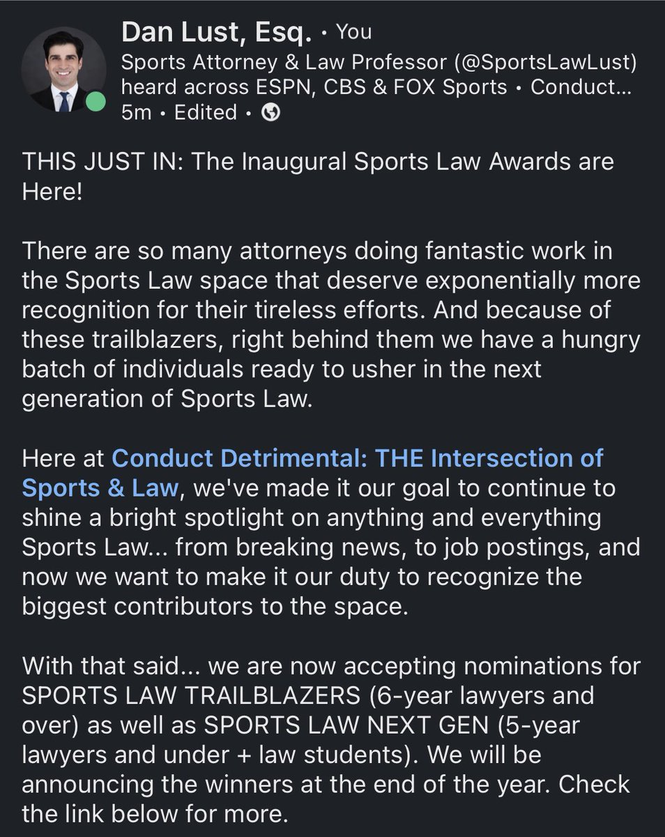 SportsLawLust's tweet photo. Big day today for me - my 34th bday - and a big day for Sports Law as @ConDetrimental proudly announces the INAUGURAL Sports Law Awards. 

We created two unique categories Sports Law TRAILBLAZERS and Sports Law NEXT GEN. Nominations are now open ‼️

More: https://t.co/CZ11amWkF5 https://t.co/ExdIarMMXs