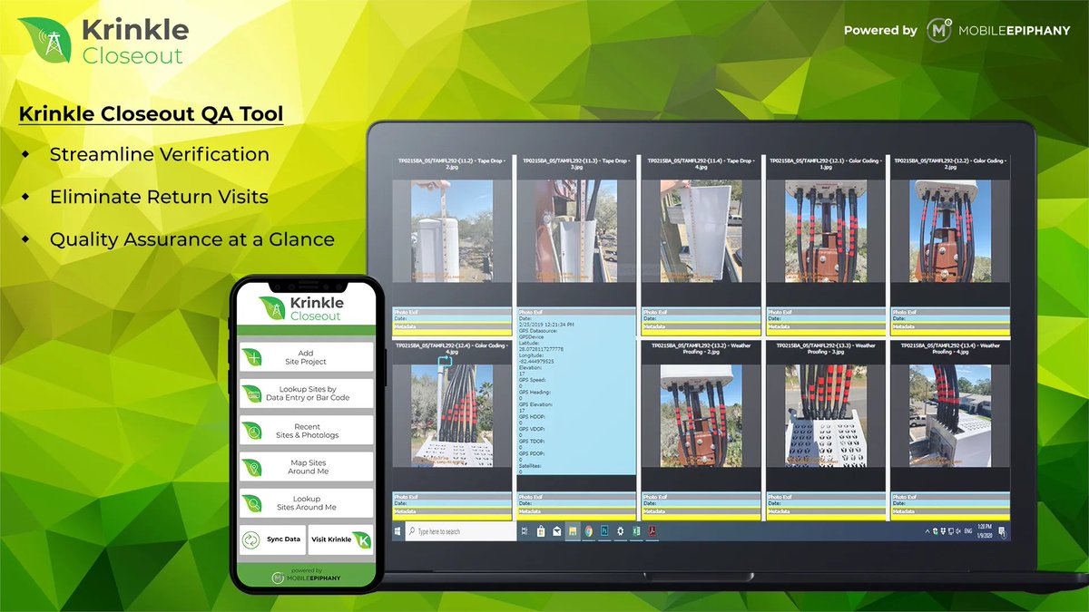 KrinkleApps's tweet photo. Krinkle Closeout® is a #mobileapp that revolutionizes how #closeout Packages are conducted in the wireless industry. Our QA tool allows closeout managers to verify photos while their crews are still on the tower. Get it right while still on-site! See how @ https://t.co/EEwQu2IJ2O https://t.co/AMp62iOQbu