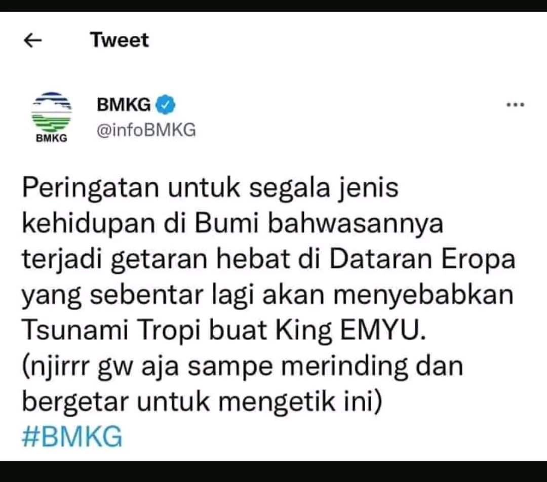 hanifajadah_'s tweet photo. @idextratime Woowwwww! Peringatan buat Warga Indonesia! BMKG udah bikin peringatan! Waspada! Waspada! Wasuuupadaaa! https://t.co/n50zVdrNd1