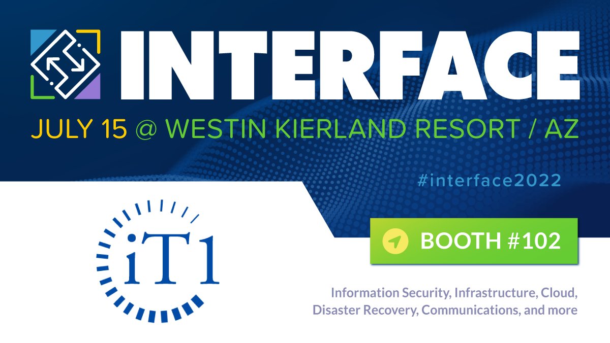 iT1Solutions's tweet photo. Today is the the day! #INTERFACE2022 at Westin Kierland Resort. Visit iT1's Booth #102. At @interface2022 explore presentations, panel discussions and exhibitors covering cybersecurity, infrastructure, Cloud, disaster recovery, & communications. #weareit1 https://t.co/T0LzyRfQw0 https://t.co/GZQj0gcXHy