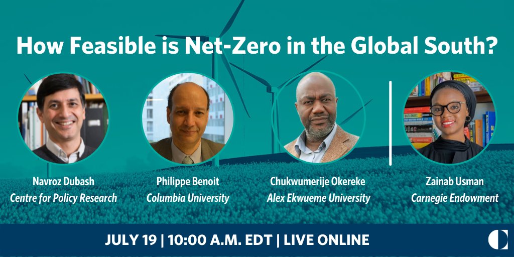 CarnegieEndow's tweet photo. At COP26, both Nigeria and India committed to achieving net zero emissions by 2060 and 2070, respectively.
Join us on Tuesday as @MssZeeUsman, Philippe Benoit, @NavrozDubash, and @chuks_okereke discuss the feasibility of net zero in the Global South.
https://t.co/RDYDUFvRrh https://t.co/d8ZgGIn5bD