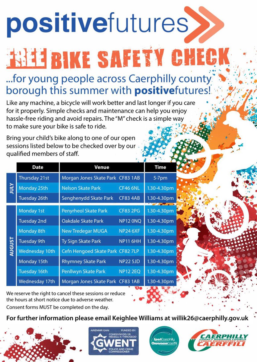 CCBC Sport Caerphilly (@sport_leisure) on Twitter photo Free Bike M Safety Check for young people across the borough this summer with <a href="/PositiveFutures/">Positive Futures</a>
Bring your child’s bike to one of our open sessions listed below to be checked over by our qualified members of staff.
Look out for the Sport Caerphilly marquee 👀 no need to book! Free Bike M Safety Check for young people across the borough this summer with <a href="/PositiveFutures/">Positive Futures</a>
Bring your child’s bike to one of our open sessions listed below to be checked over by our qualified members of staff.
Look out for the Sport Caerphilly marquee 👀 no need to book!