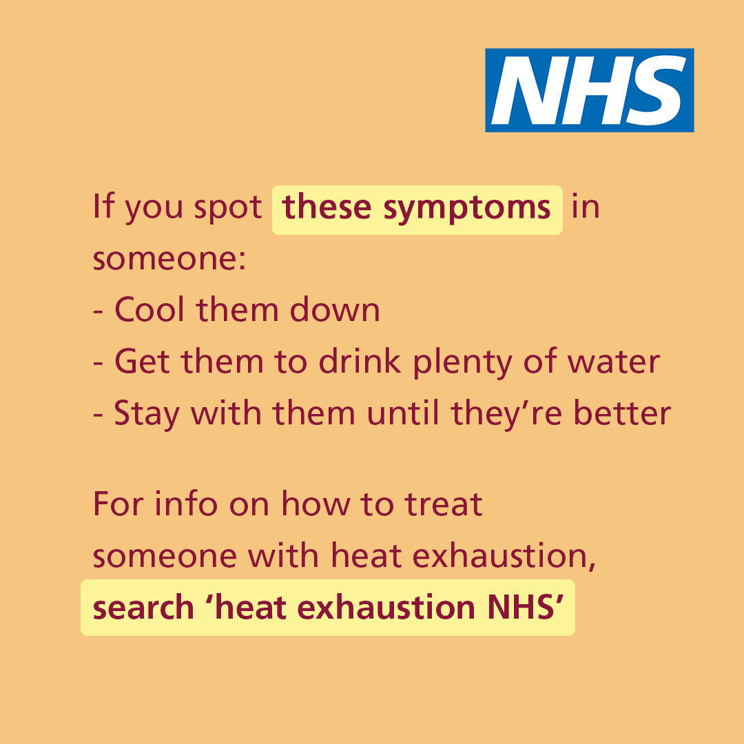 DHSCgovuk's tweet photo. ☀️ With the #heatwave continuing this weekend, it's important to know the signs of heat exhaustion:

➡️ headache
➡️ dizziness or confusion
➡️ loss of appetite
➡️ excessive sweating
➡️ cramps
➡️ excessive thirst
➡️ temperature
➡️ fast pulse or breathing