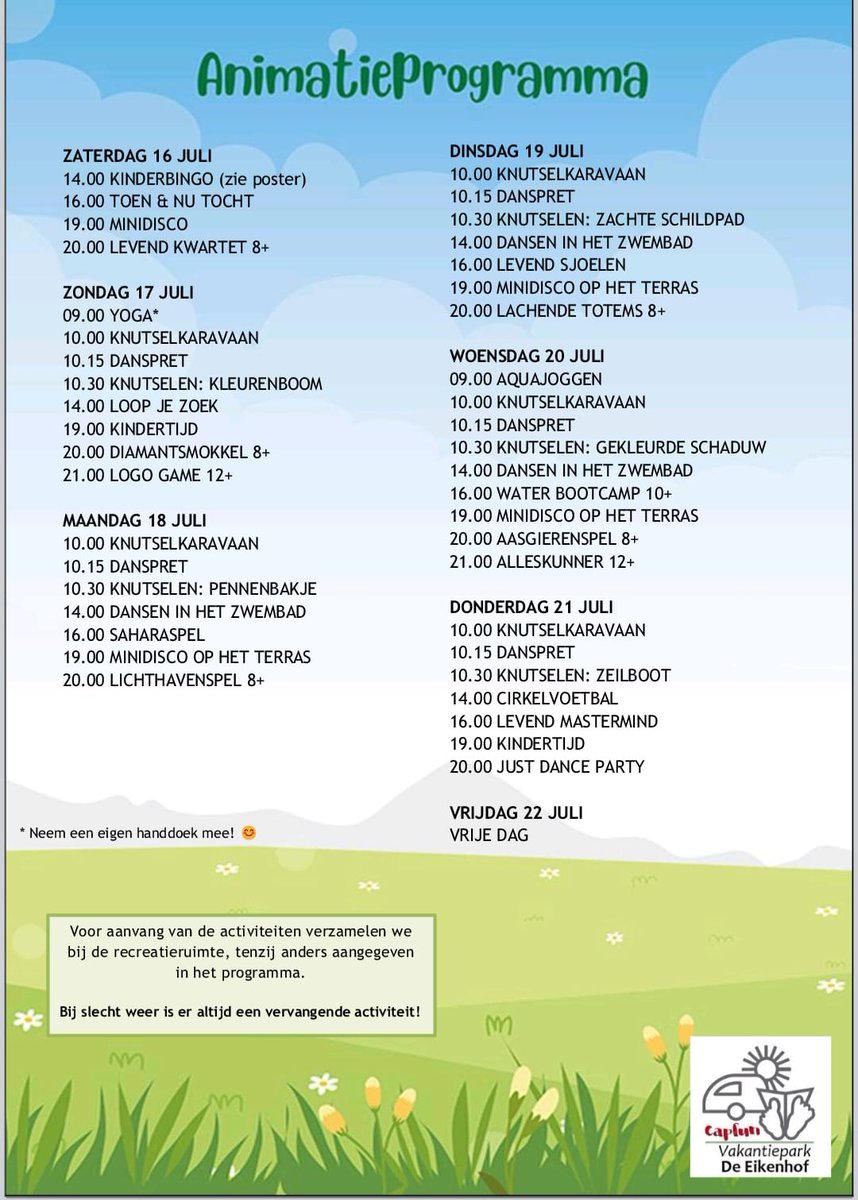 Morgen start er weer een nieuwe week voor ons animatieteam. Zie hier het programma.