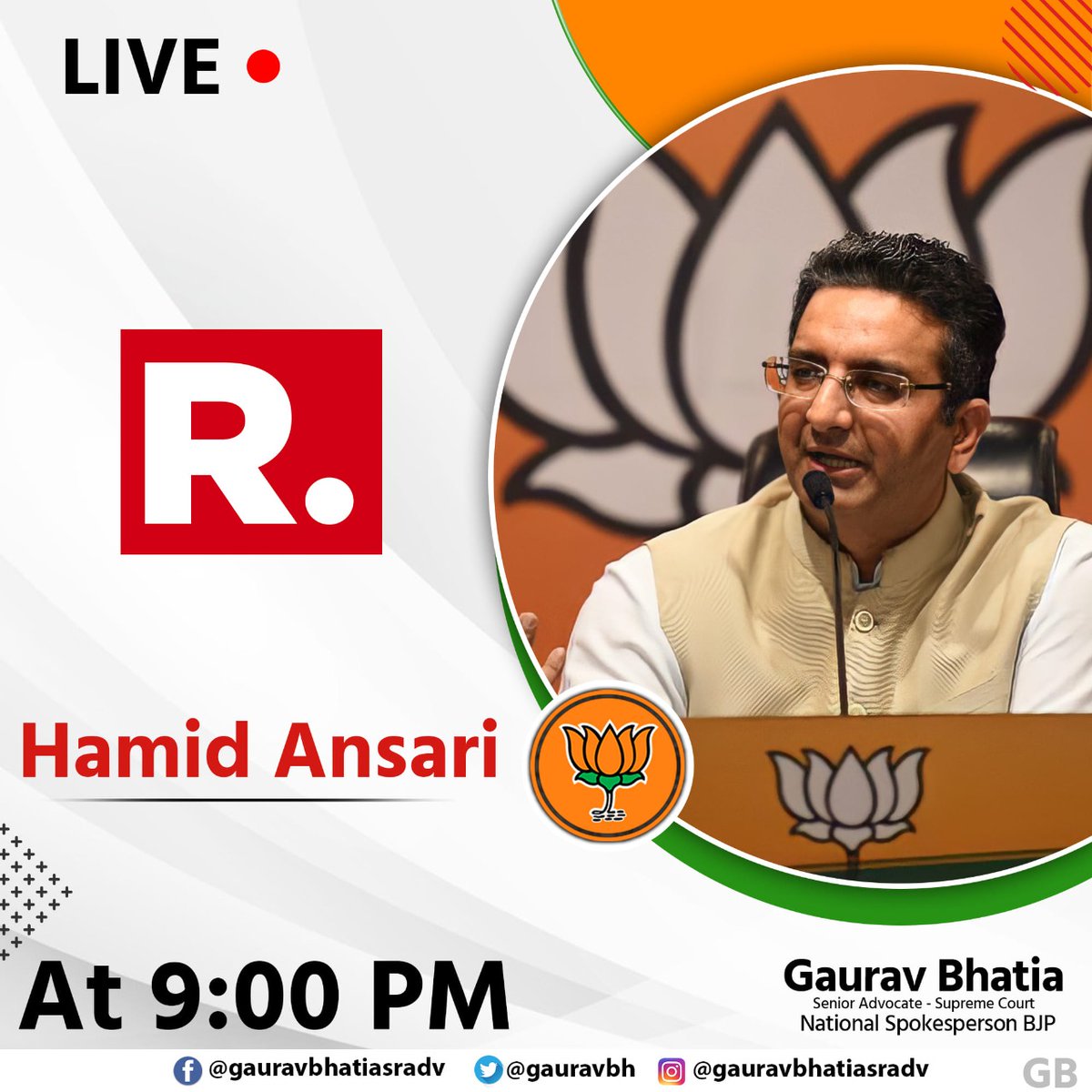 gauravbhoffice's tweet image. Sri @gauravbh Ji National Spokesperson BJP Will be on @republic at 9 pm.
#HamidAnsari