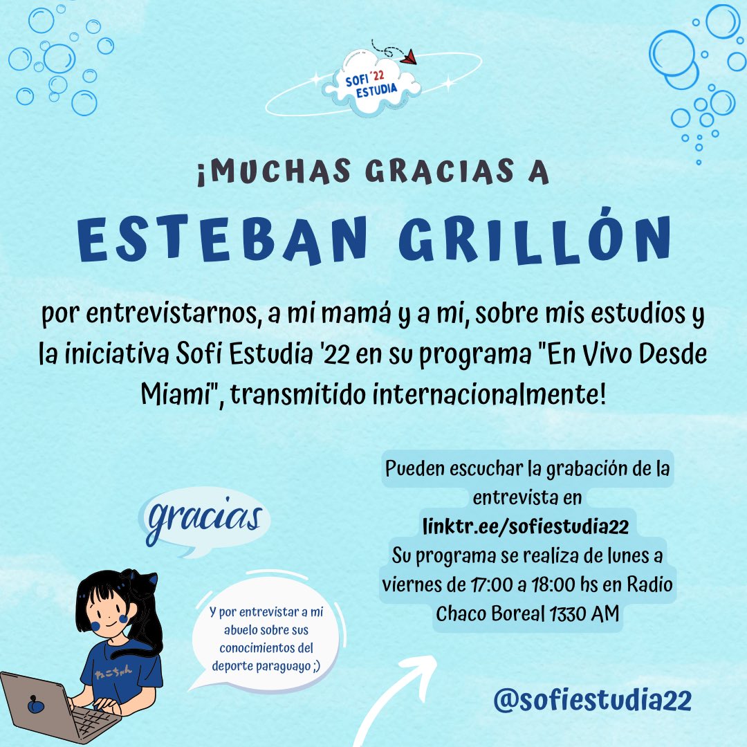 SofiEstudia22's tweet photo. Gracias al señor Esteban por tenernos esta semana en su programa para compartir sobre mis estudios y la iniciativa 💓 pueden escuchar la entrevista completa (1h) en https://t.co/7zO4C8bzbS https://t.co/U1vVMDX3bR