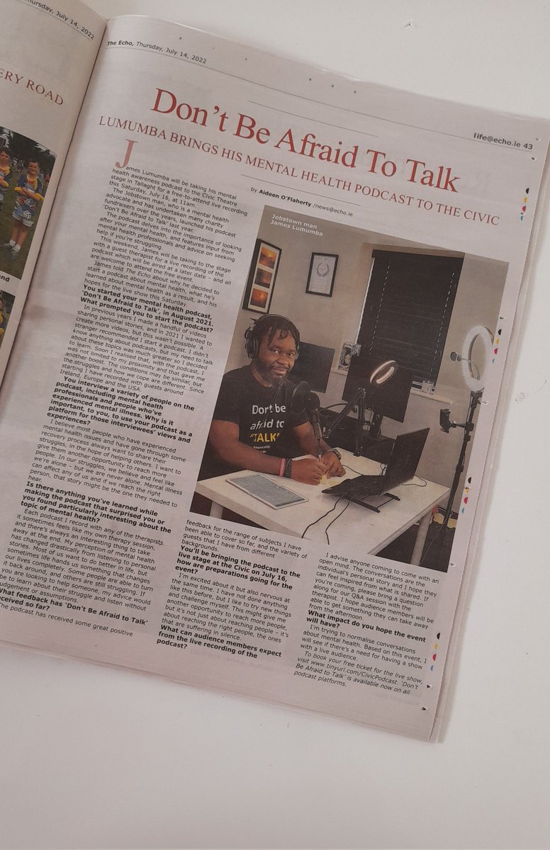 Reading about my interview with @TheEchoOnline last week 🥳
My first Podcast Live event at @civictheatre this Saturday 🎉
#letstalkmentalhealth #mentalhealthconversations #mentalhealthireland #endthestigma 
Link: echo.ie/dont-be-afraid…