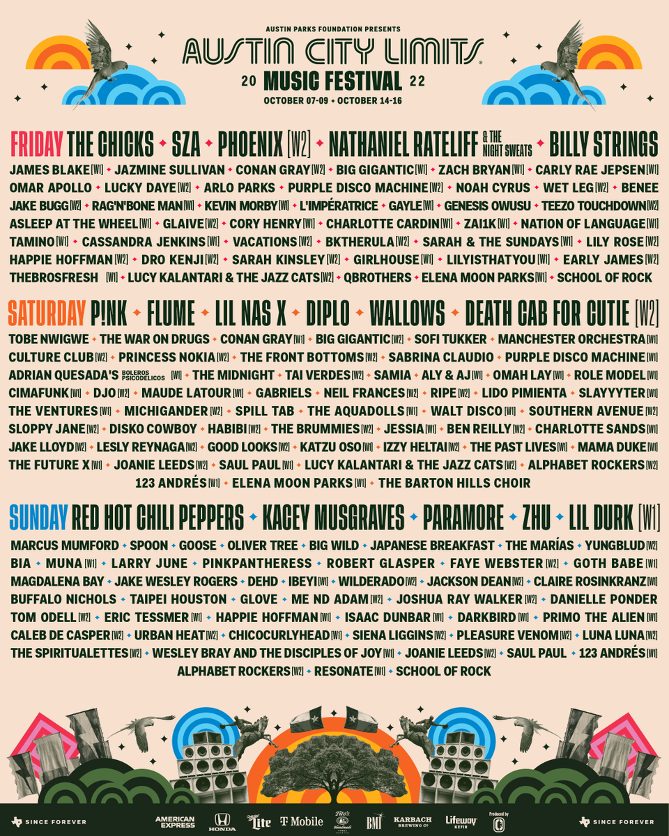 aclfestival's tweet photo. Your #ACLFest Lineup By Day is here! 🤘 1-Day Tickets go on sale TODAY at 12pm CT: https://t.co/WTqUe2AQrH https://t.co/yNS8EyTud8