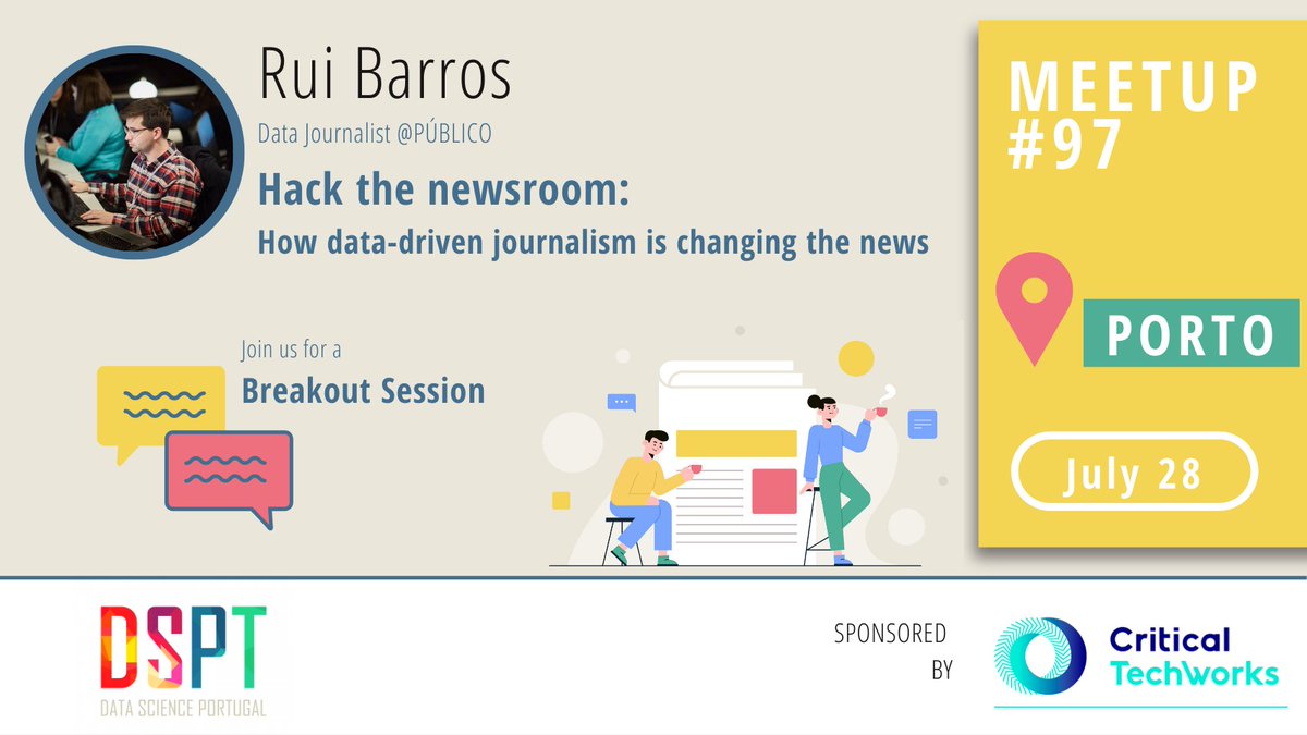 datascience_pt's tweet photo. Meetup time anyone? 🙋‍♀️
Join us at our upcoming #97 Meetup we will address Hack the newsroom: How data-driven journalism is changing the news🤓

Learn more:⤵️
https://t.co/W4x8Vaj2fN 

Don't miss our next meetup! 🎉

#DSPTMeetups #datascienceportugal #datascience https://t.co/y20zeZTRyf