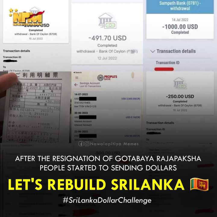 SriLankaTweet's tweet photo. Let's Rebuild Sri Lanka 🇱🇰 
With the resignation of Gotabaya Rajapaksa, many people have started sending dollars to the island.

Social Media #SriLankaDollarChallenge hashtag is now trending.

#LKA #SriLanka #SriLankaCrisis #SriLankaProtests #අරගලය #Aragalaya #ශ්‍රීලංකා #இலங்கை https://t.co/qiOGSqi4pG