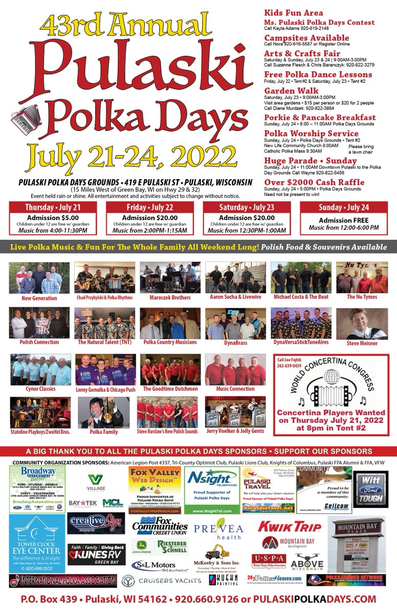 PolkaInPulaski's tweet photo. One of America’s Greatest Polka Festivals! The 43rd Annual Pulaski Polka Days • Starting next week Thursday thru Sunday: July 21-24, 2022  https://t.co/ELPg2EebnZ #polka #Pulaski #Wisconsin #festival #music #food #parade https://t.co/I29ZNqTetu