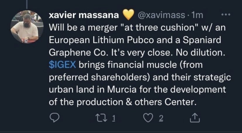 KingdomRadios's tweet photo. @xavimass said it himself! There is no need for dilution! Also it wouldn't surprise me if $IGEX @IGEX_Official has operations already running in Murcia and receiving a steady cashflow! ๐ฐ#ThreeCushion #TripleMerger #NoDilution #Lithium #Graphene #Batteries https://t.co/8Eo75MoXGZ