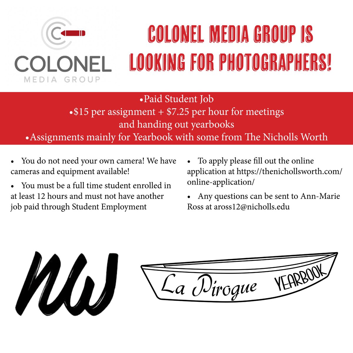 Nicholls State University La Pirogue Yearbook (@nsuyearbook) on Twitter photo Colonel Media Group is looking for photographers! Please apply at thenichollsworth.com/online-applica… and email any questions to aross12@nicholls.edu Colonel Media Group is looking for photographers! Please apply at thenichollsworth.com/online-applica… and email any questions to aross12@nicholls.edu