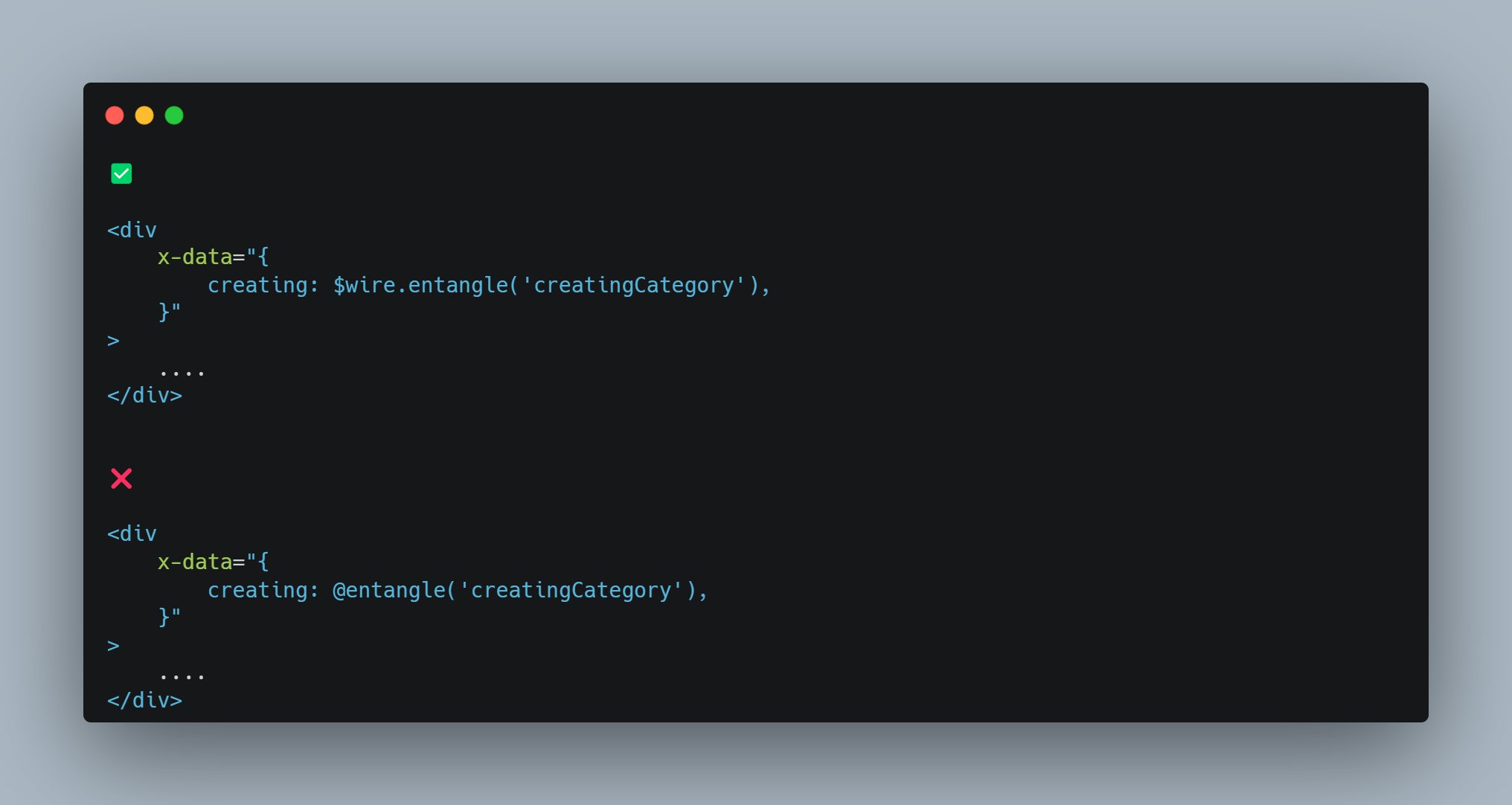 Use `$wire.entangle()` instead of `$entangle`
