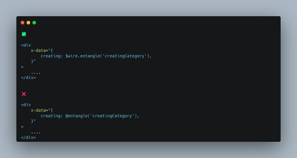 Use `$wire.entangle()` instead of `$entangle` 