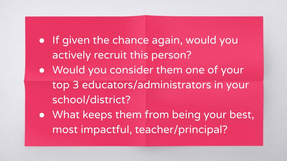 Hiring is the most important thing we do.  Would you rather put your EFFORT into the PROCESS or once they are hired?

When checking references on a teacher or principal candidate, instead of asking, "would you hire them again" consider...

inspired by #NAESP22