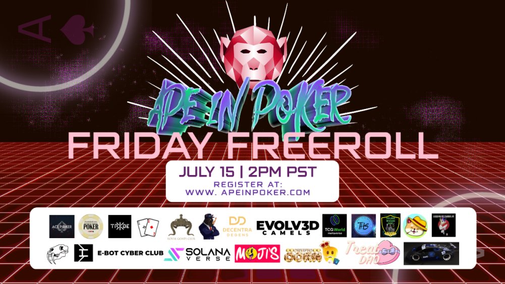 It's #poker time!!  Who wants a chance to win a free <a href="/SolSand_io/">SolSand | SOLD OUT IN 1 MIN</a> #nft!!

Over 20 #NFTGiveaways and $4000 in #freeplay and #solana prizes!!  LFG 🚀

<a href="/ApeInPoker/">Ape In Poker</a> 

x.com/ApeInPoker/sta…