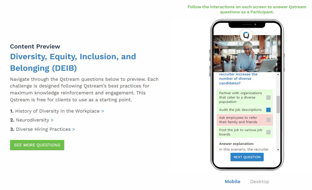 Announcing Qstream's new microlearning content library!

This new library features 33 Qstream courses across areas like Diversity &amp; Inclusion, Safety, Wellbeing, and others. Try some Qstreams out for yourself here: hubs.li/Q01gZzdY0