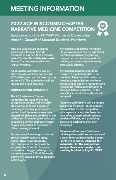 ACP - Wisconsin Chapter (@wisconsinacp) on Twitter photo ACP-WI is currently soliciting submissions for the new, Narrative Medicine Writing Competition. Accepted submissions will be showcased at the 2022 Annual Scientific Meeting & are eligible for prizes. Please submit pieces to info@acpwi.org according to the guidelines by July 31. ACP-WI is currently soliciting submissions for the new, Narrative Medicine Writing Competition. Accepted submissions will be showcased at the 2022 Annual Scientific Meeting & are eligible for prizes. Please submit pieces to info@acpwi.org according to the guidelines by July 31.